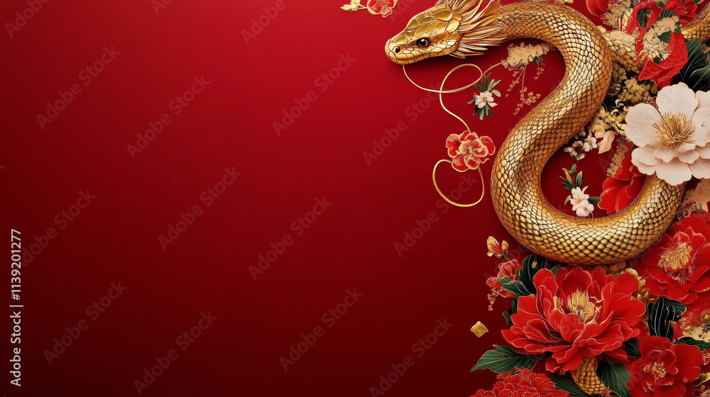 Fototapeta premium golden snake entwined among vibrant red and white flowers on rich red background, symbolizing prosperity and good fortune. Perfect for celebrations