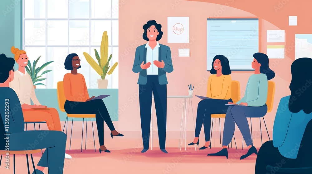 A corporate leader addressing employees in a bright and inclusive office environment A corporate leader addressing employees in a bright and inclusive office environment