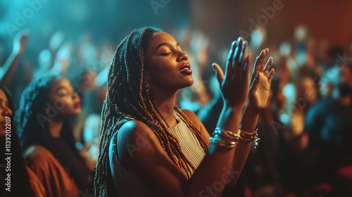 Woman with long braids prays with hands raised in a crowded room. Illustrates faith, worship, and spiritual devotion in a community setting.