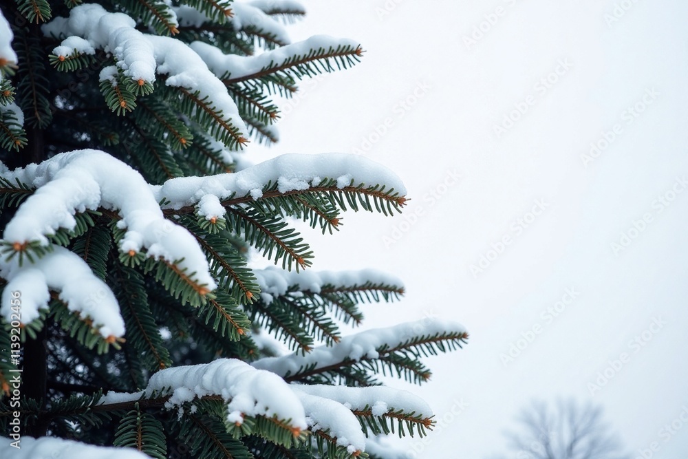 Snowy evergreen tree against a white winter sky, branches bare, frost on needles, branch, winter Snowy evergreen tree against a white winter sky, branches bare, frost on needles, branch, winter