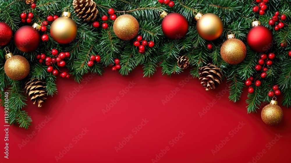 Festive Christmas Border of Evergreen, Ornaments, and Berries on Red Background Festive Christmas Border of Evergreen, Ornaments, and Berries on Red Background