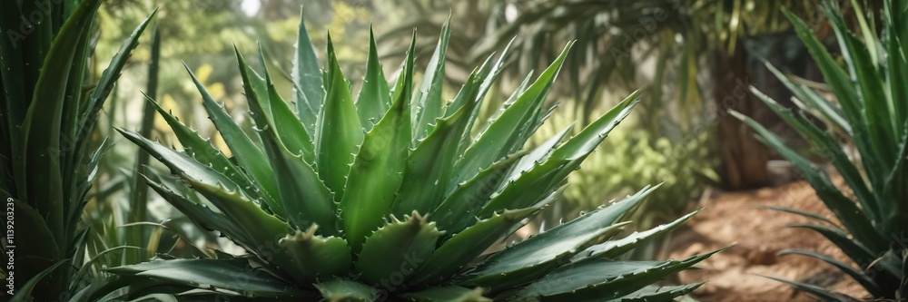 Soft green aloe vera leaves in a natural environment, foliage, outdoor scene Soft green aloe vera leaves in a natural environment, foliage, outdoor scene