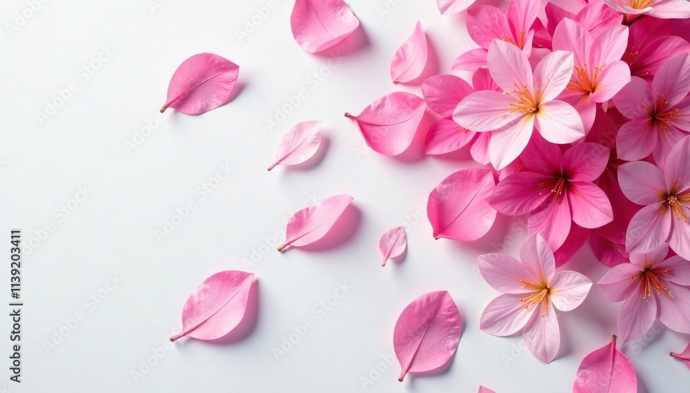 Soft pink azalea petals scattered on white surface, scattering, delicate Soft pink azalea petals scattered on white surface, scattering, delicate
