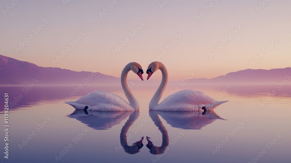 Fototapeta premium Two swans on a calm lake, their necks curved gracefully to form a heart silhouette, reflecting on the water under the soft pink hues of dawn 