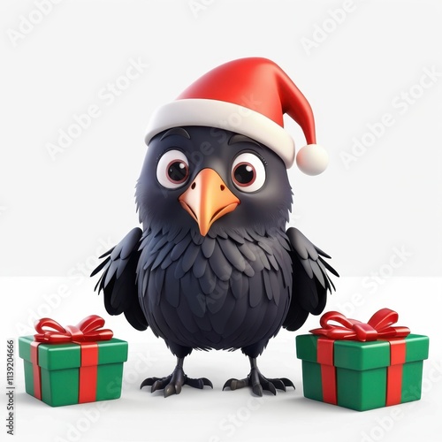 Cute raven wearing a Santa hat with Christmas gifts on a white background. Great for holiday cards, festive designs, and seasonal illustrations. Isolated on a white background.

 photo