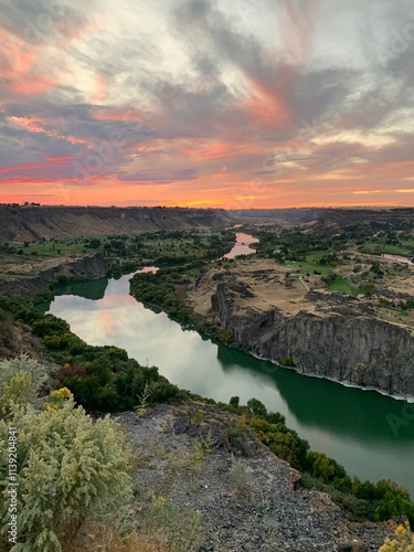 Snake River Canyon at sunset over the water in Twin Falls Idaho photo