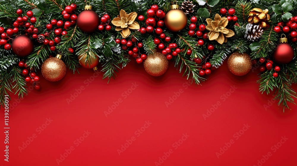Festive Christmas Border with Red and Gold Ornaments, Berries, and Pine Cones on Red Background Festive Christmas Border with Red and Gold Ornaments, Berries, and Pine Cones on Red Background