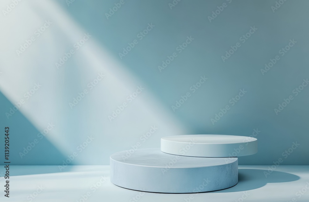 Two light blue round podiums on a blue background with sunlight. Two light blue round podiums on a blue background with sunlight.