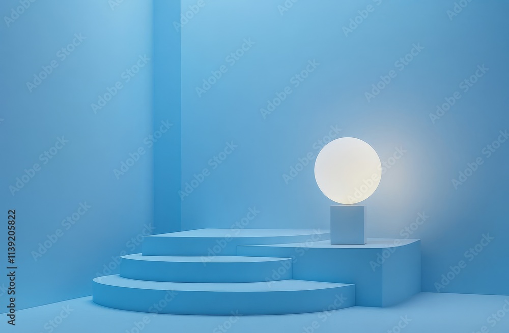 Minimalist blue room with glowing sphere on steps. Minimalist blue room with glowing sphere on steps.