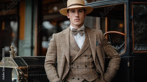 A man in a 1920s vintage tri-layer suit, a straw hat and bow tie, standing in front of a black antique car
