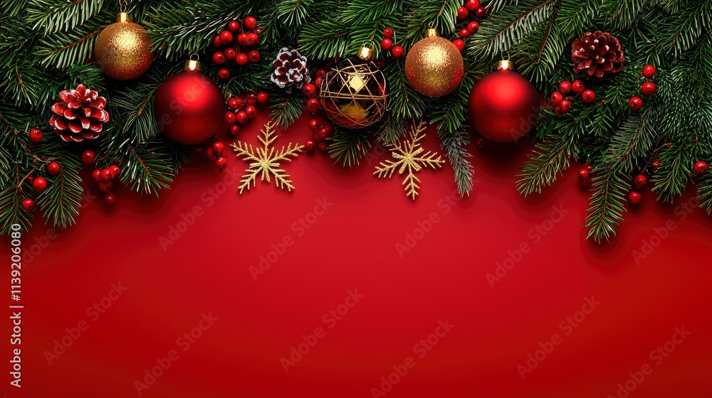 Festive Christmas Border with Red and Gold Ornaments and Pine Branches on Red Background Festive Christmas Border with Red and Gold Ornaments and Pine Branches on Red Background