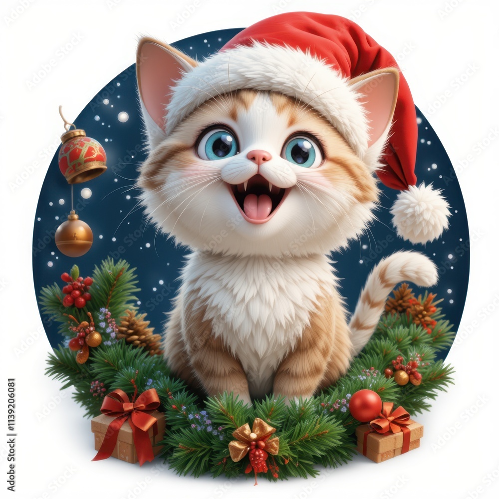 Happy kitten in a Santa hat surrounded by Christmas decorations and gifts. Ideal for holiday cards, festive invitations, and seasonal designs. Happy kitten in a Santa hat surrounded by Christmas decorations and gifts. Ideal for holiday cards, festive invitations, and seasonal designs.