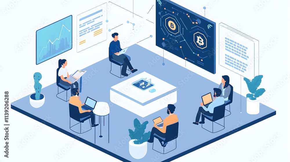 A fintech professional explaining blockchain technology to clients during a casual meeting A fintech professional explaining blockchain technology to clients during a casual meeting