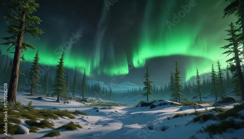 Wallpaper Mural The bright green aurora creates an otherworldly ambiance within the snowy forest, snowy forest, green light Torontodigital.ca