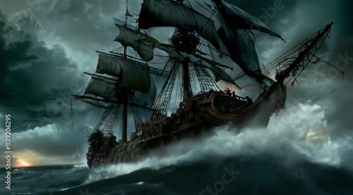 Epic Pirate Ship Battle Amidst Roaring Waves and Thunderous Storms