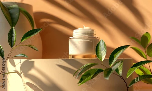 Luxurious Skincare Cream Jar with Green Leaves and Warm Sunlight