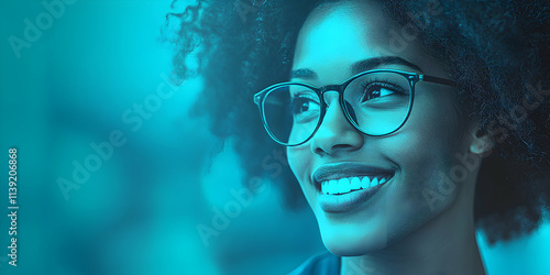 Woman with Glasses Smiles Hopefully, Aqua Background photo