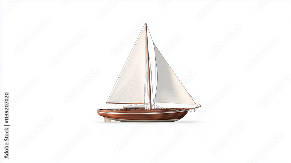 Fototapeta premium Sailing into Serenity: A classic sailboat with crisp white sails and a rich mahogany hull glides gracefully on the water, evoking a sense of peace and freedom.