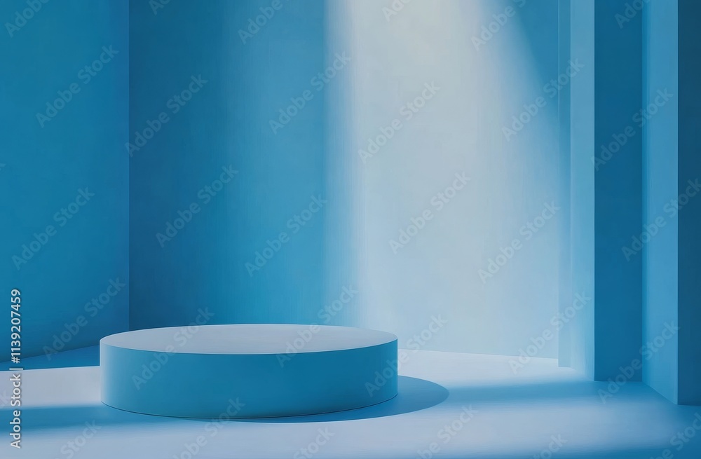 Minimalist blue studio with round platform, sunlight. Minimalist blue studio with round platform, sunlight.