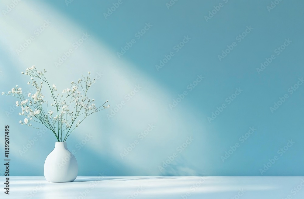 White flowers in vase against blue wall. White flowers in vase against blue wall.