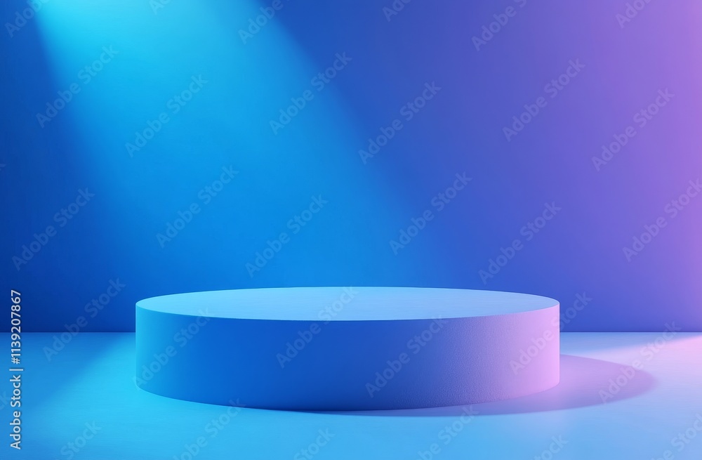 Blue cylindrical podium lit by blue and purple spotlights on a blue and purple background. Blue cylindrical podium lit by blue and purple spotlights on a blue and purple background.