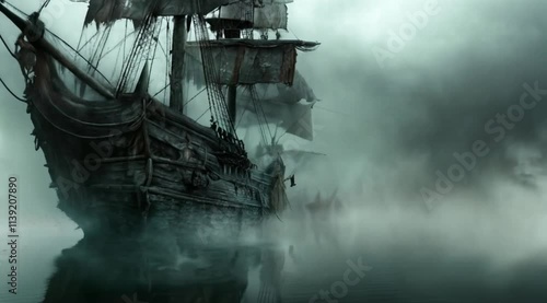 Suspenseful Pirate Ship Lost in the Fog: Ghostly Voyage Across the Sea