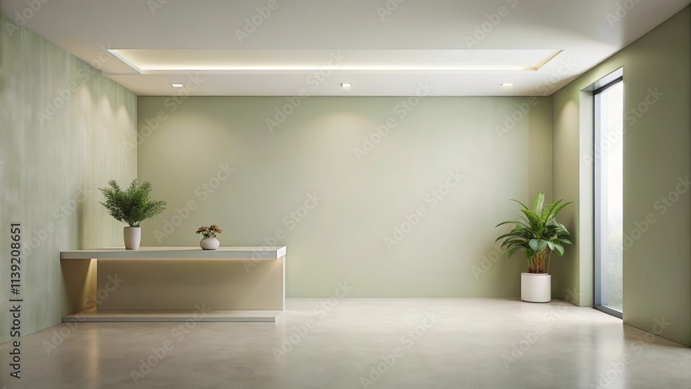 Modern minimalist interior design with pale green walls, concrete floor, and built-in shelf displaying potted plants Modern minimalist interior design with pale green walls, concrete floor, and built-in shelf displaying potted plants