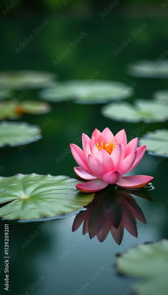 Water lily pad with water lily flowers on surface, nature, peaceful, waterfowl