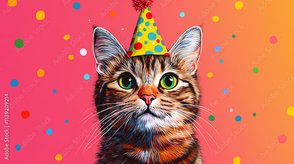 Birthday cat with party hat. Aurulent. Illustration Birthday cat with party hat. Aurulent. Illustration