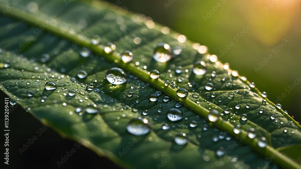 This captivating macro photograph captures dew drops delicately resting on a vibrant green leaf in hyperrealistic detail. This captivating macro photograph captures dew drops delicately resting on a vibrant green leaf in hyperrealistic detail.