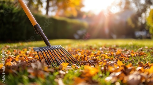 Wallpaper Mural Wooden-handled rake gathers autumn leaves. Perfect for fall cleaning, landscaping, or garden themes. Torontodigital.ca