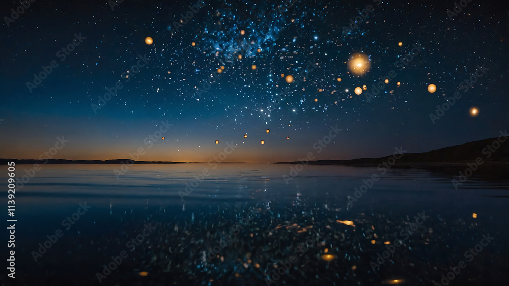 This mesmerizing image features glowing orbs floating on a calm water surface under a dark, starry night. This mesmerizing image features glowing orbs floating on a calm water surface under a dark, starry night.
