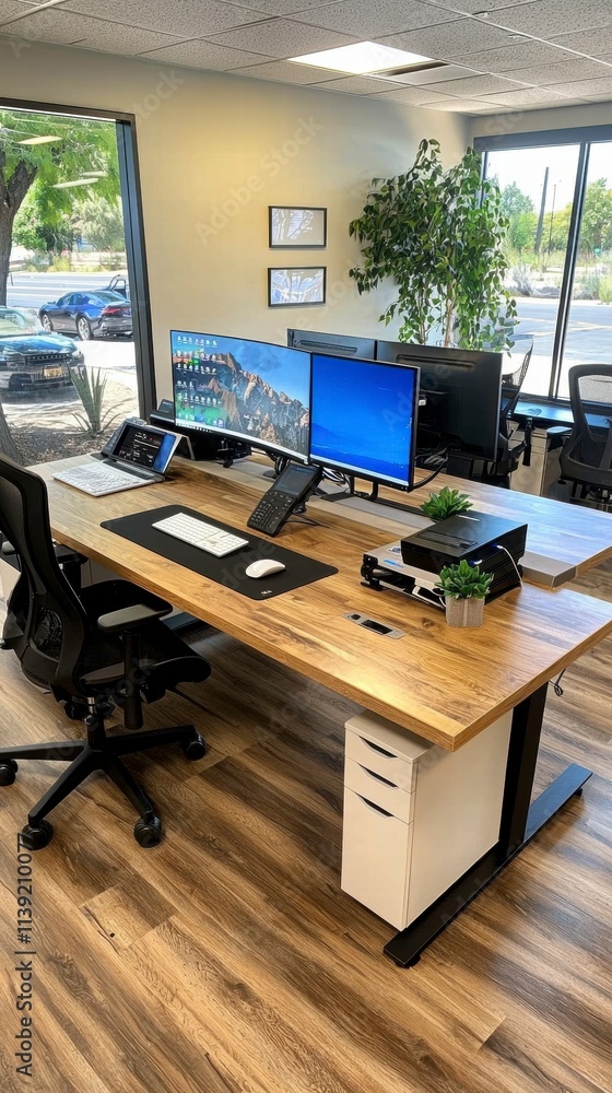 Modern Office Workspace with Large Desk and Dual Monitors. Modern Office Workspace with Large Desk and Dual Monitors.