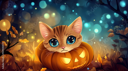 Cat lovers,cute cat with pumpkin,halloween. Aurulent. Illustration