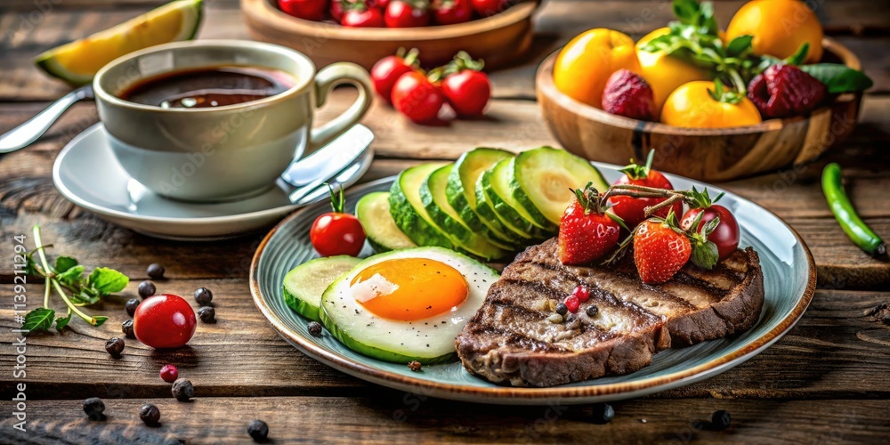 Indulgent Low Light Breakfast: Steak, Eggs, Avocado, Fresh Fruit, and Coffee in Cozy Setting Indulgent Low Light Breakfast: Steak, Eggs, Avocado, Fresh Fruit, and Coffee in Cozy Setting