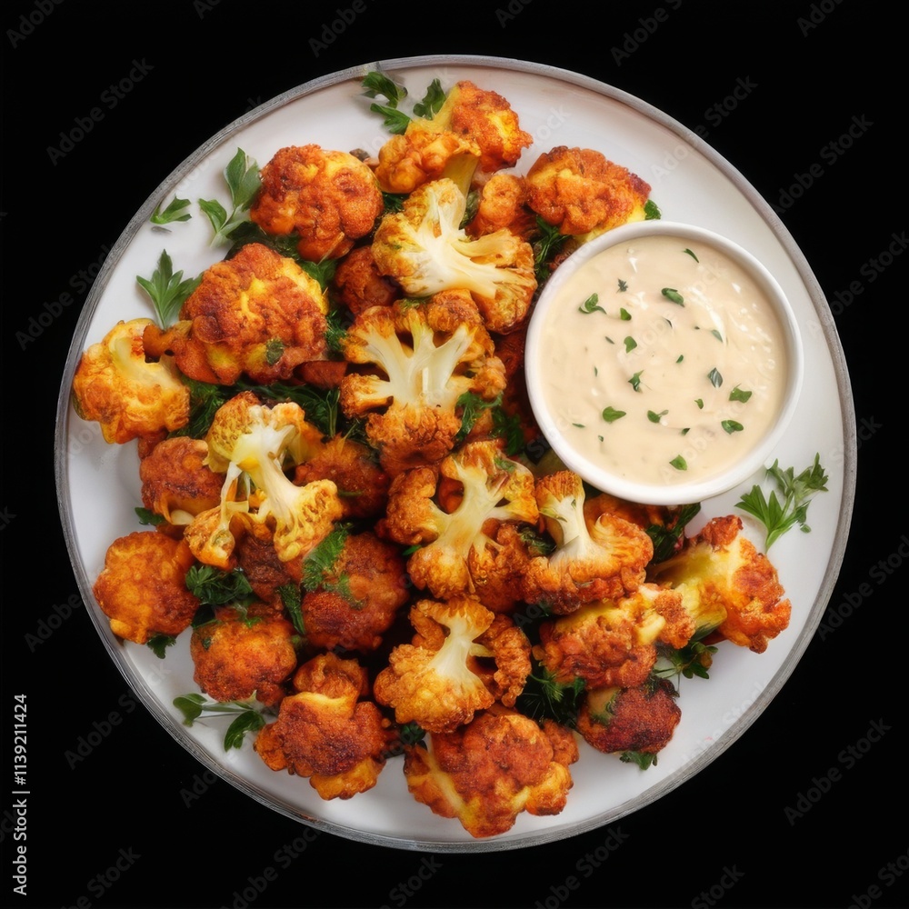 Roasted Cauliflower with Creamy Sauce on White Plate, Herbs and Black Background. Roasted Cauliflower with Creamy Sauce on White Plate, Herbs and Black Background.