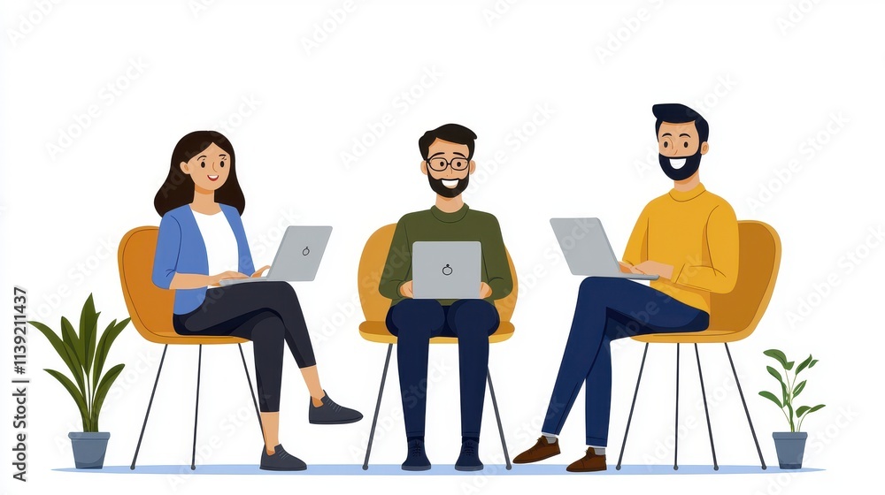 Fototapeta premium Diverse Team Collaboration Laptop Computers | Flat Design