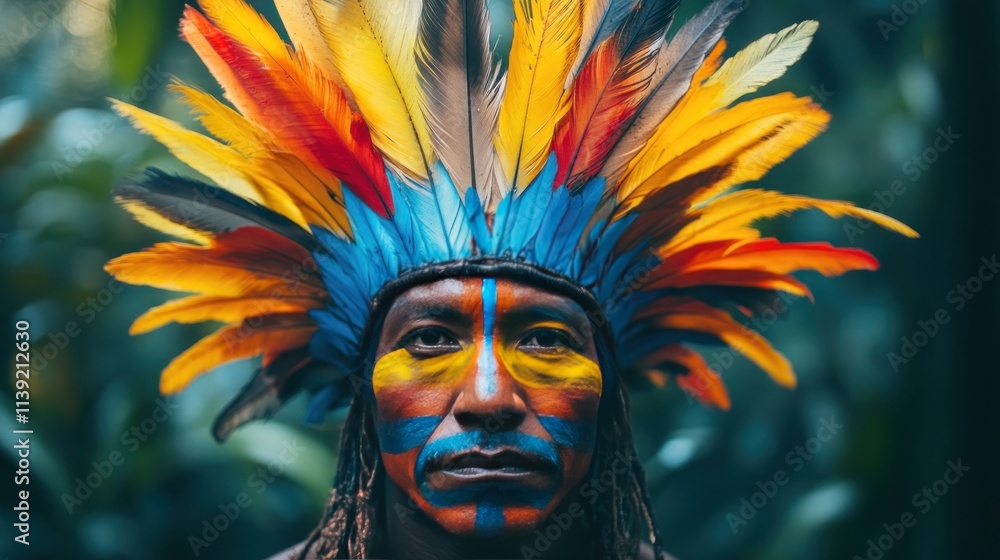 A man from the Shimohen tribe of Peru wearing a colorful leaf and feather costume, standing in the Amazon rainforest A man from the Shimohen tribe of Peru wearing a colorful leaf and feather costume, standing in the Amazon rainforest
