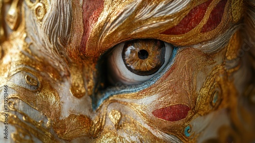 Close-up of the lionâ€™s head with a pair of expressive eyes, detailed paintwork, gold and red fabric, symbol of protection and courage photo