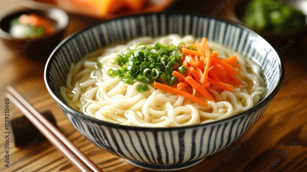 Longevity noodles served in a traditional bowl, chopsticks resting nearby, vibrant vegetables on top, representing a wish for long life Longevity noodles served in a traditional bowl, chopsticks resting nearby, vibrant vegetables on top, representing a wish for long life