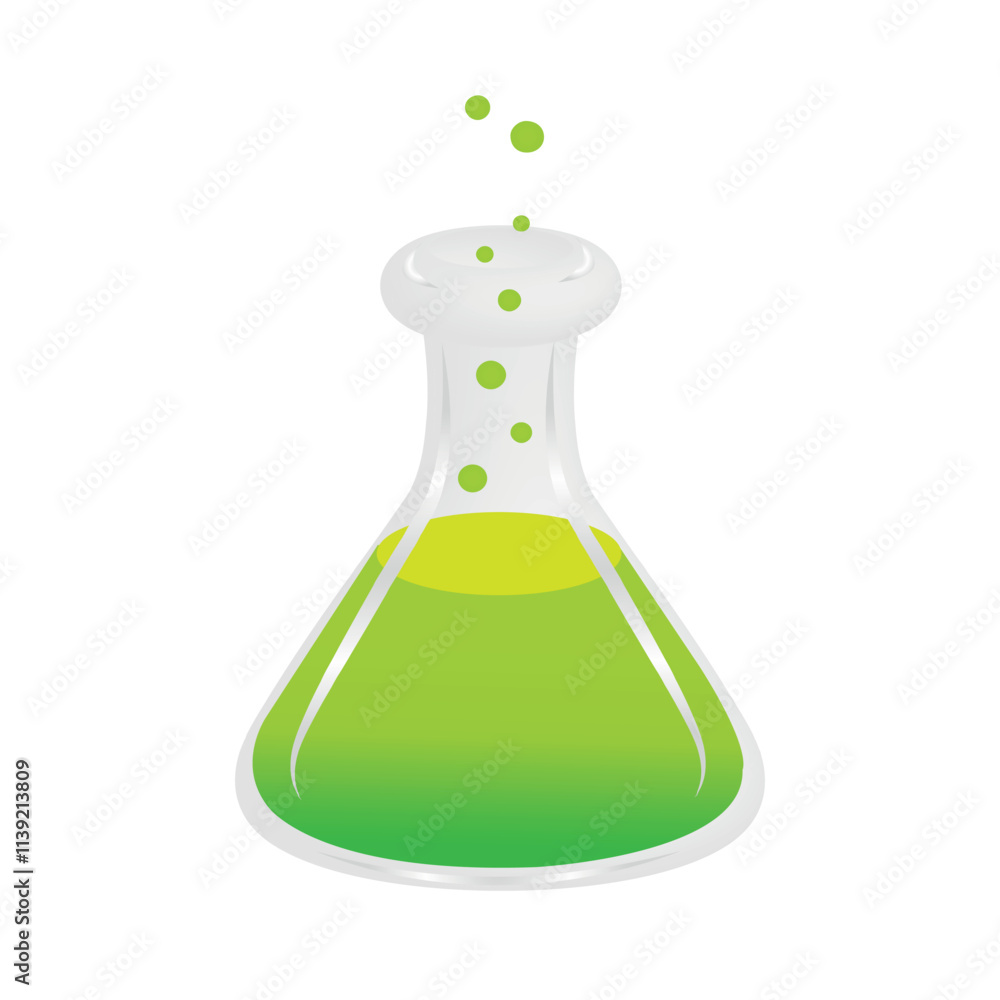Liquid filled chemical 3D triangular flask bottle with bubbles for laboratory research. Isolated on white background Eps 10. Liquid filled chemical 3D triangular flask bottle with bubbles for laboratory research. Isolated on white background Eps 10.