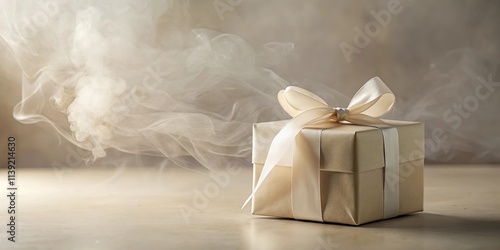 A delicately wrapped gift box with a cream ribbon, mysteriously exuding a soft, ethereal smoke photo