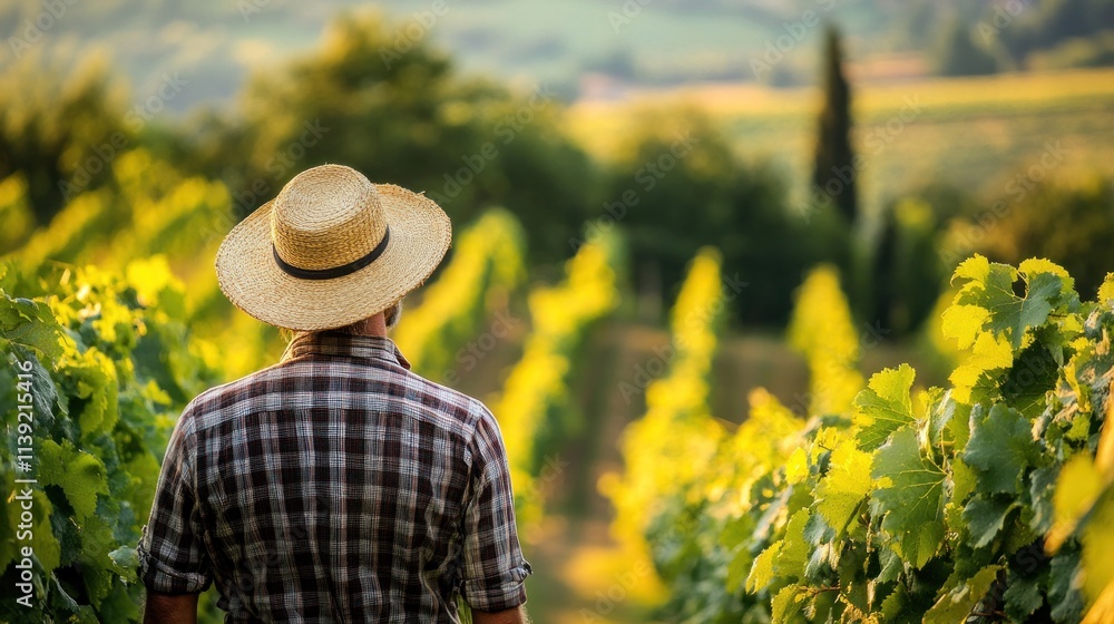 A man in traditional Italian costume, complete with straw hat and plaid clothing, stands amidst vineyards in Tuscany A man in traditional Italian costume, complete with straw hat and plaid clothing, stands amidst vineyards in Tuscany