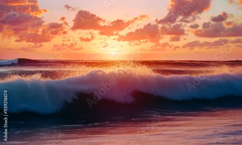 Ocean Sunset Waves Crashing on Shore