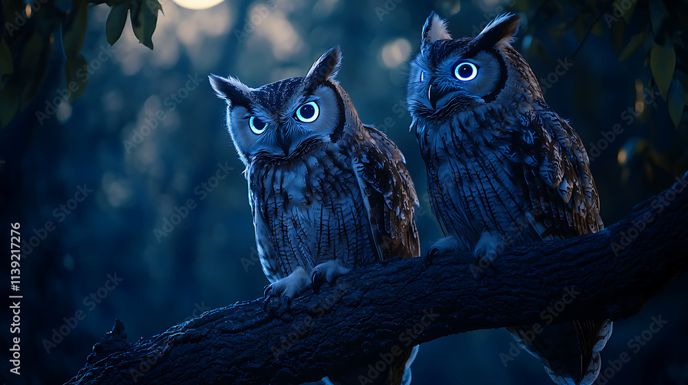 Two owls are sitting on a tree branch at night Two owls are sitting on a tree branch at night