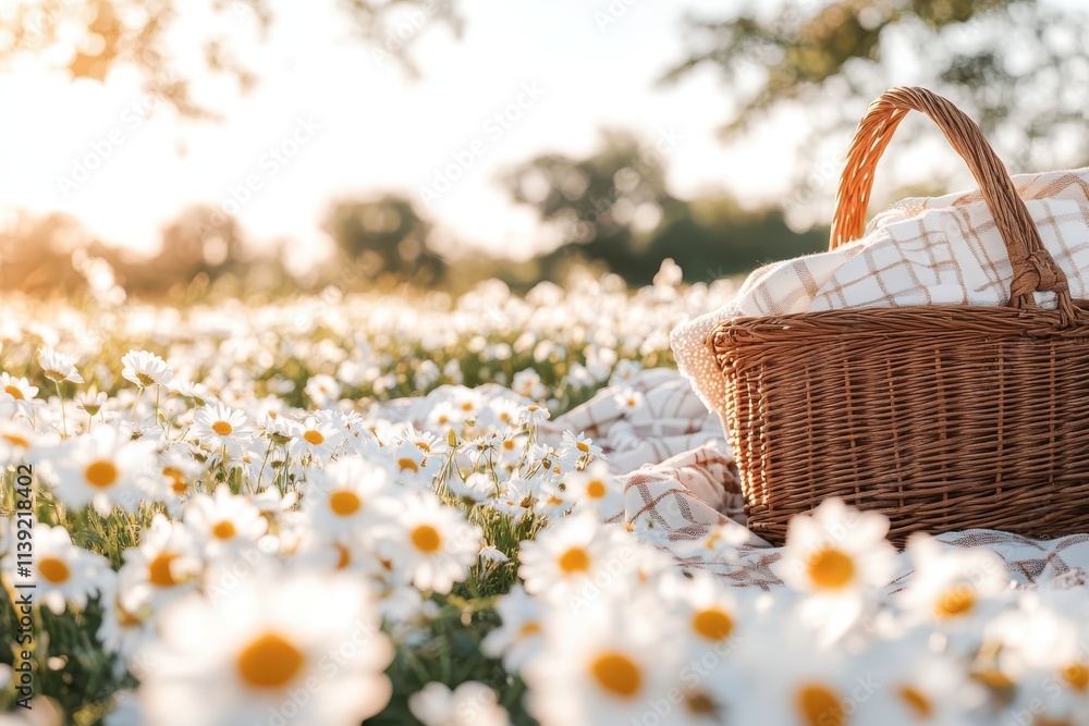 Wicker picnic basket sits amidst a field of daisies, bathed in sunlight. Perfect for blogs, websites, or articles about spring, picnics, or nature. Wicker picnic basket sits amidst a field of daisies, bathed in sunlight. Perfect for blogs, websites, or articles about spring, picnics, or nature.