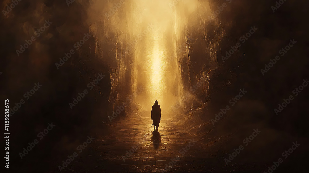 A man is walking through a dark tunnel with a light shining on him A man is walking through a dark tunnel with a light shining on him