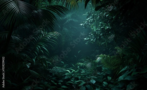 Fototapeta Naklejka Na Ścianę i Meble -  Lush, dark green jungle foliage with misty path.
