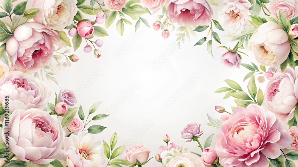 A Delicate Floral Frame of Pastel Peonies and Roses with a Blank Center for Text or Design A Delicate Floral Frame of Pastel Peonies and Roses with a Blank Center for Text or Design