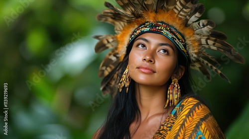 A Bornean Dayak woman wearing a traditional shawl and feather ornaments stands amid a tropical rainforest